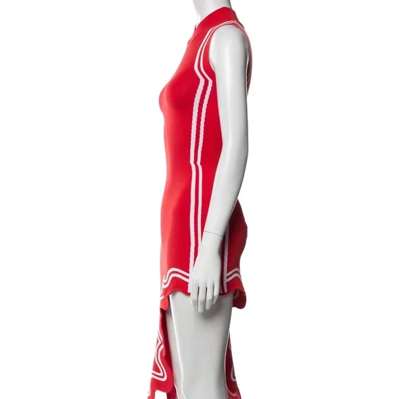 PH5 Red Sleeveless Asymmetric Ruffle Dress with White Trim - Picture 2 of 5